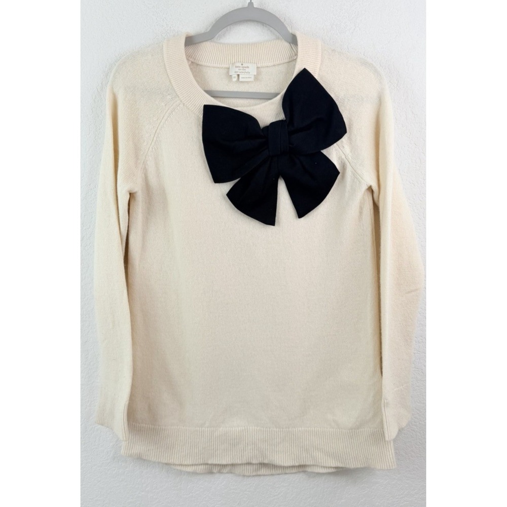 Kate Spade Bow Sweater Womens XS 100% Wool Cream Neutral Coquette Quiet Luxury